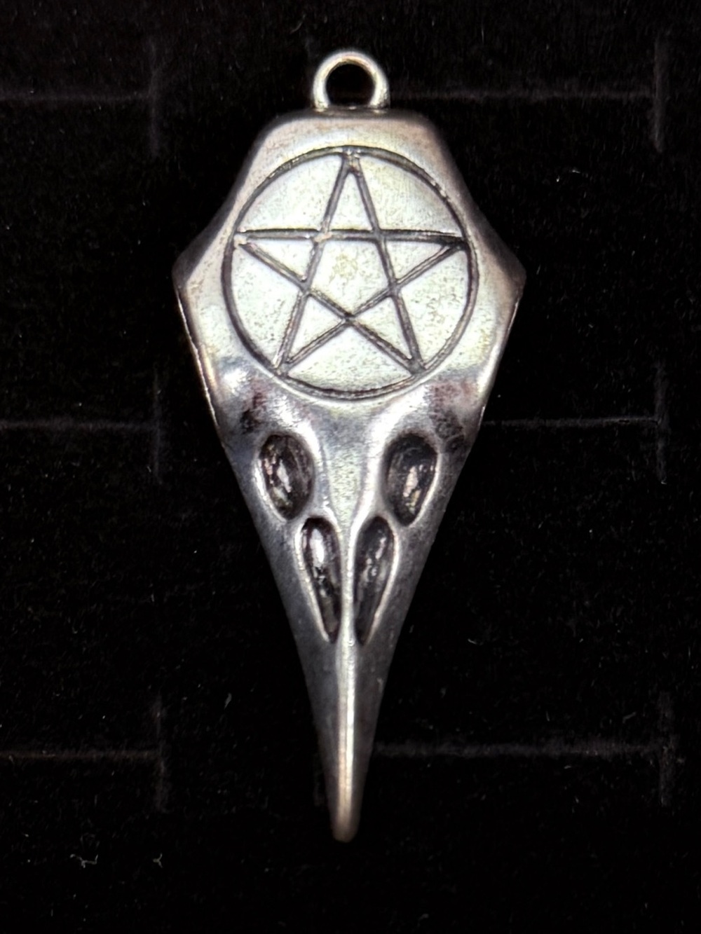 Silvertone Pentagram Raven Skull Pendant